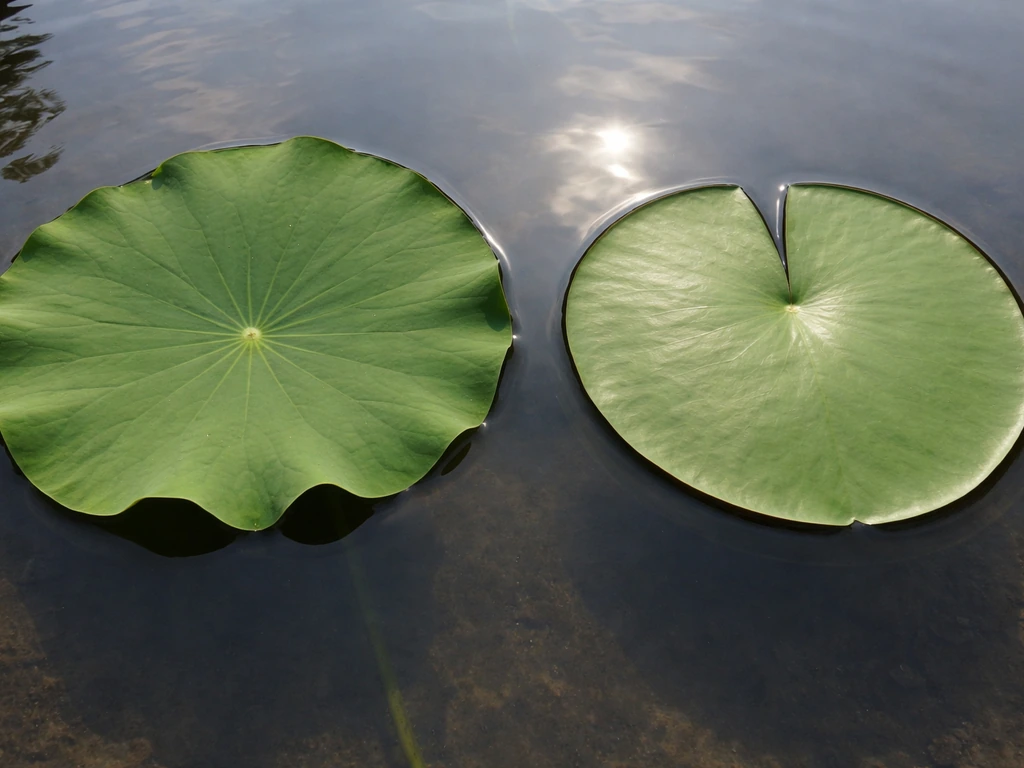 Side-by-side close-ups of a lotus leaf and a water lily pad showing clear visual differences.