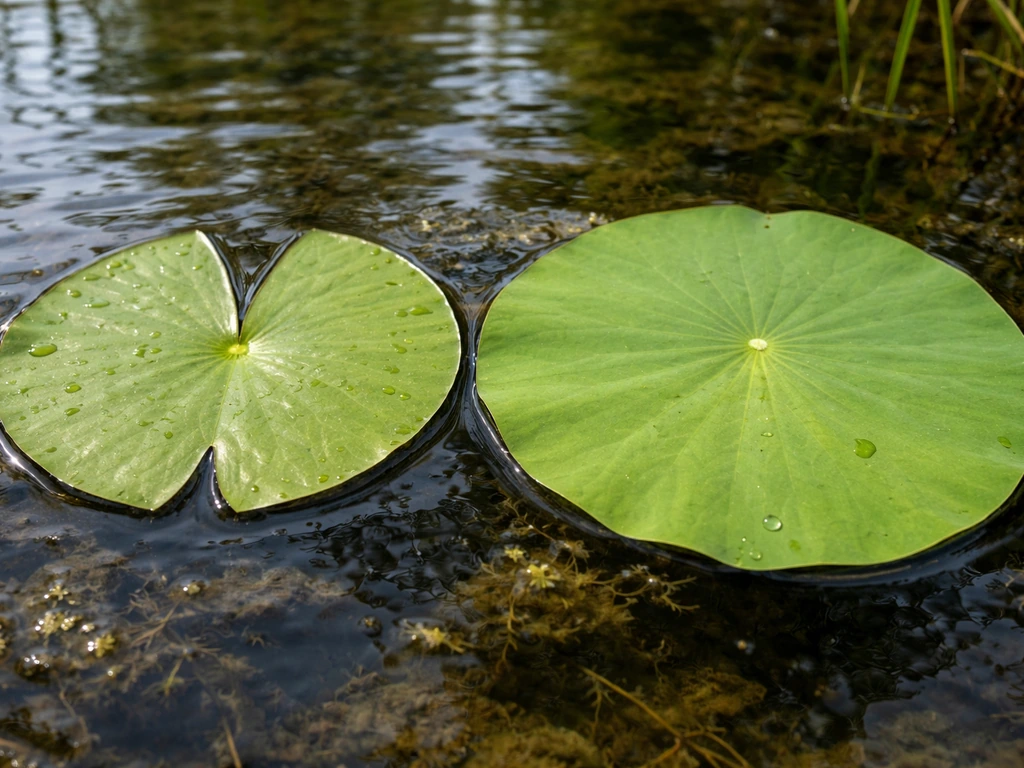 Close-up of pond leaves: notched water lily leaf edge beside broader lotus-like leaf shapes