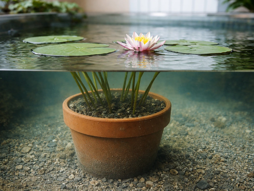 Clear water with a submerged water lily pot/root zone and floating lily pads above.
