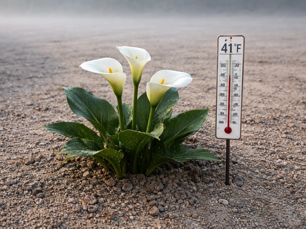 Calla lily plants in a desert garden with a small thermometer showing cool 41°F near the leaves.