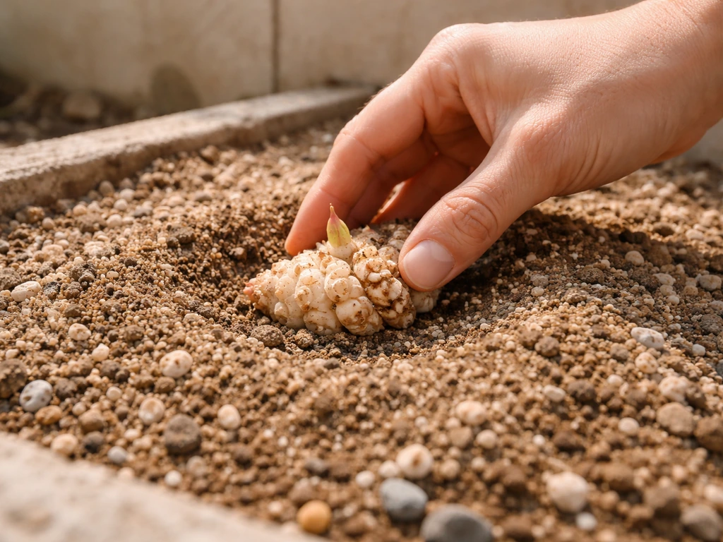 Calla rhizome planted in a fast-draining potting mix with visible coarse drainage texture