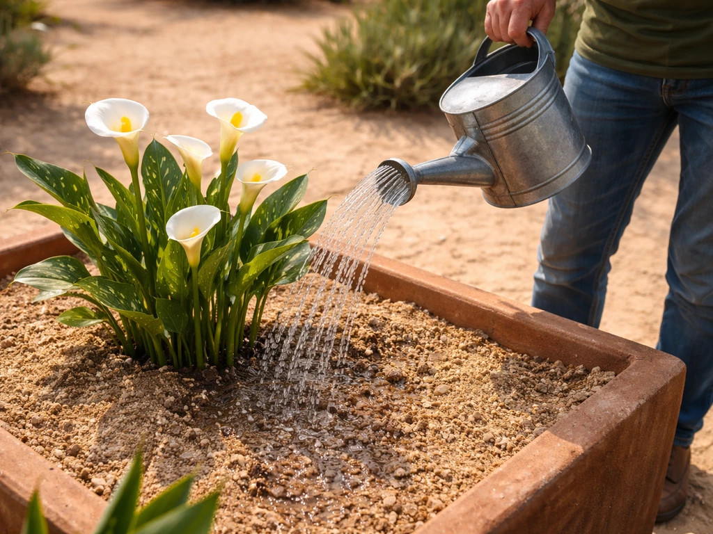 Gardener watering calla lilies in a raised, well-draining bed with dry soil and no puddles.