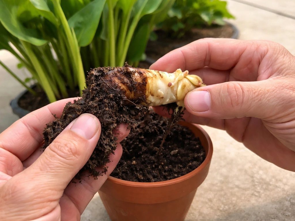 Hands inspecting a calla rhizome in a pot, showing healthy firm tissue and darker rotting area.