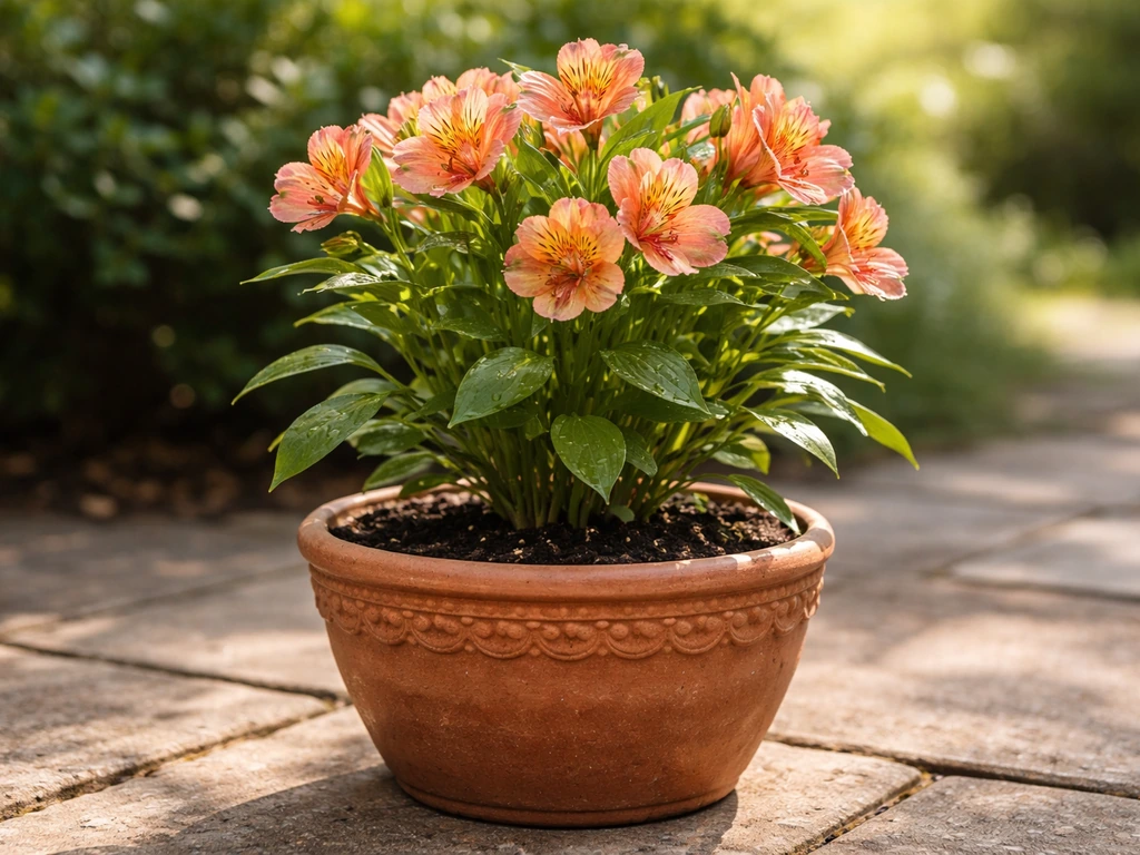Peruvian lily thriving in a decorative pot with colorful blooms in a bright patio setting.