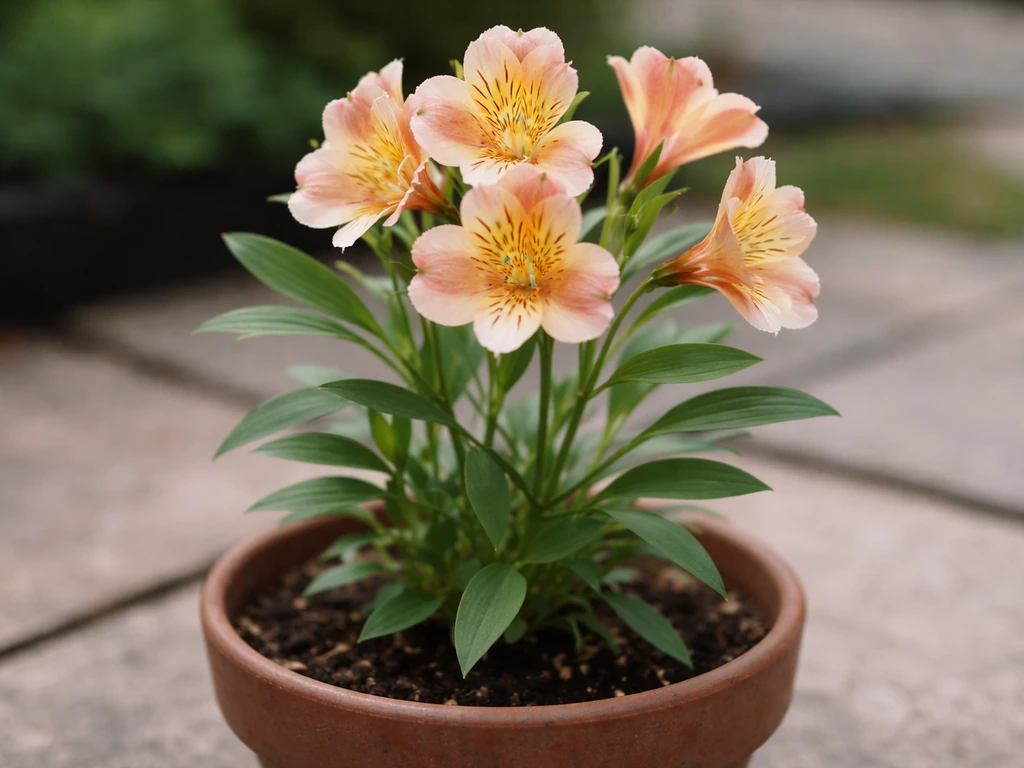 Alstroemeria (Peruvian lily) in a small pot, showing warm peach and white blooms and green leaves.
