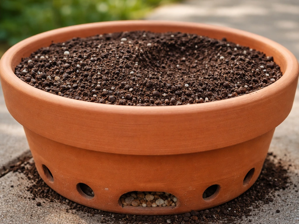 Close-up of a garden pot showing drainage holes and a properly filled potting mix layer