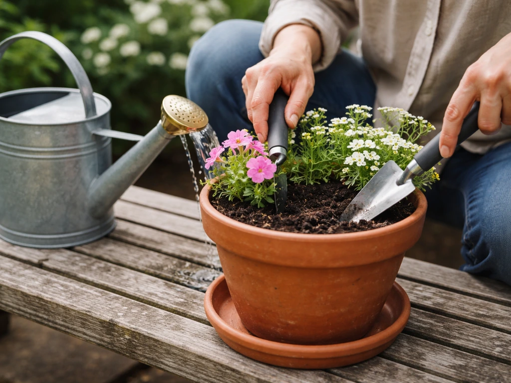 Gardener checks moist soil in a potted plant and waters gently without filling the saucer.