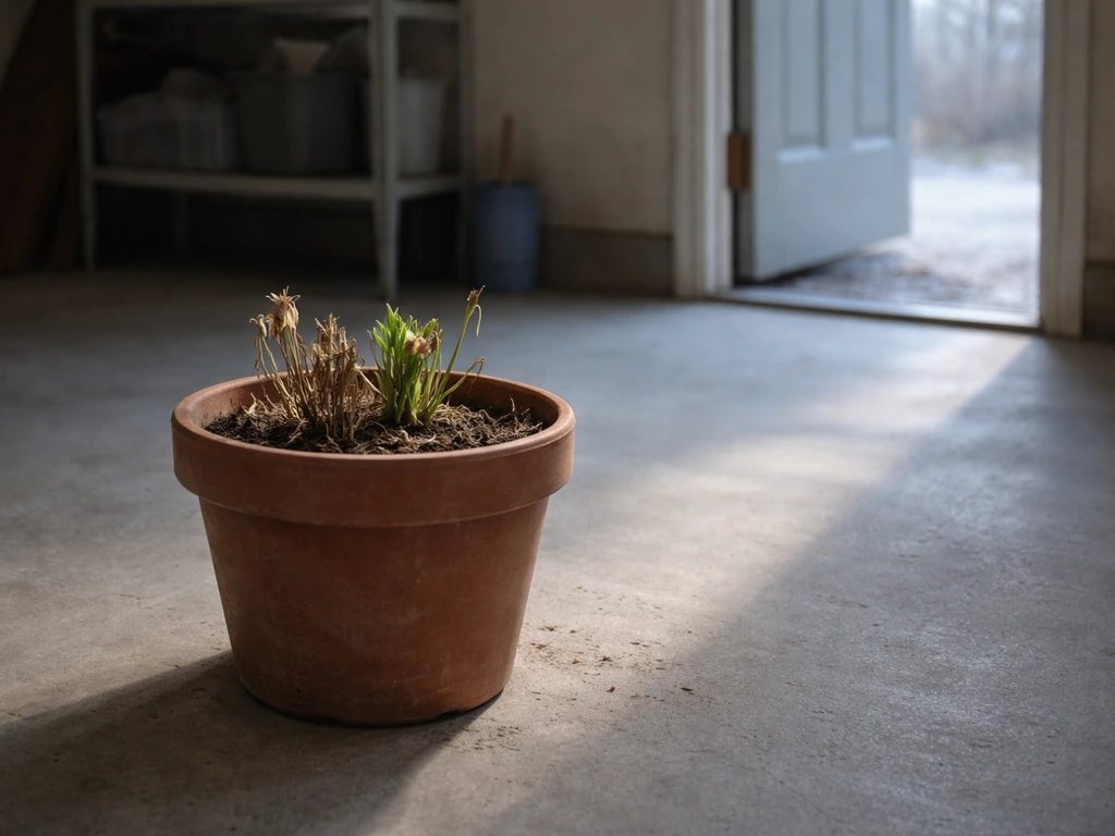 Potted Peruvian lily resting on a garage floor in cool, frost-free light before winter
