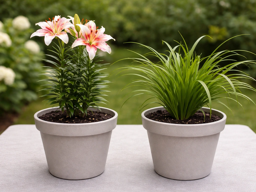 Side-by-side potted true lilies and plants commonly called “lilies,” showing clear visual differences.