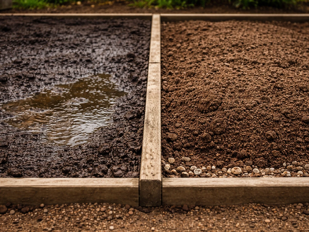 Split garden bed showing lily bulbs in wet pooled soil versus improved drainage in raised, draining soil