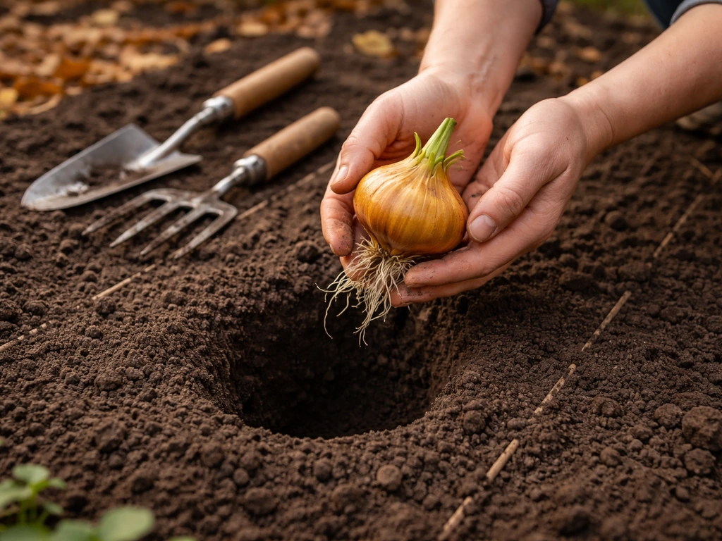 Gardener holds a lily bulb above a planting hole in a fall garden bed with spacing lines in soil.