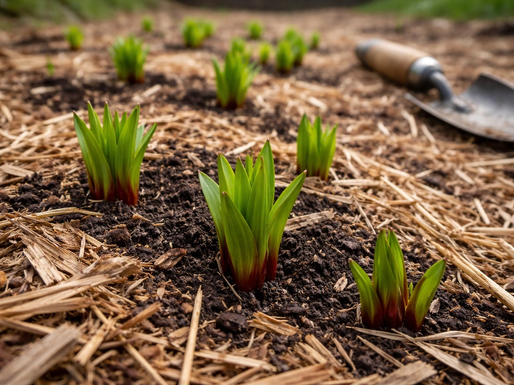 Lily shoots emerging through straw and wood-chip mulch in a spring garden bed.
