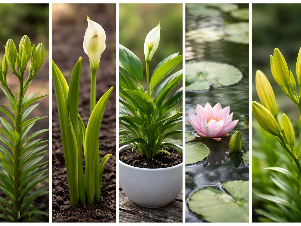 Five-panel lily collage showing buds to blooms for Asiatic, calla, peace, water, and daylilies.
