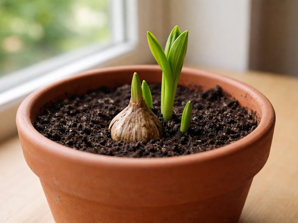 Close-up of lily bulbs and sprouting stems in a small pot, natural light