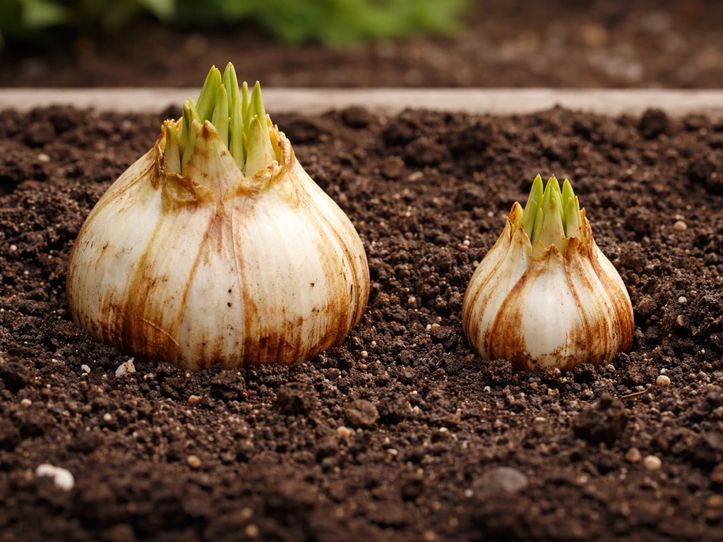 Side-by-side bulbs in soil showing large mature bulb vs smaller rhizome in a simple garden bed.