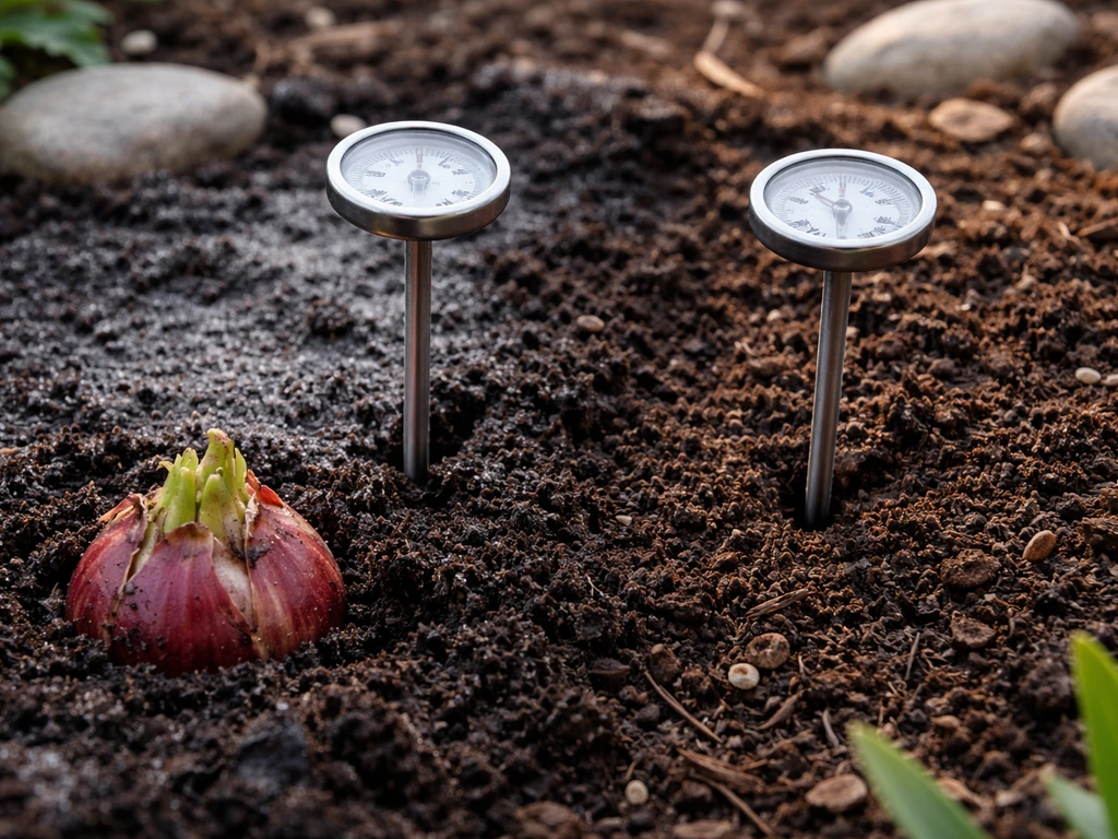 Close-up of soil thermometer probes near a planted lily bulb showing cold and warm soil patches.