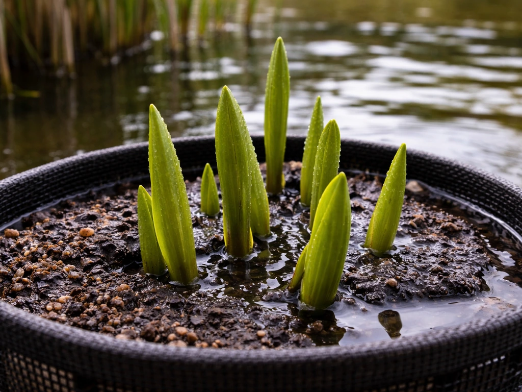 Fresh green water lily leaf shoots emerging from a pond basket into clear water.