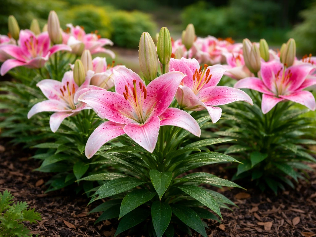 Colorful flowering lilies growing in a well-prepared garden bed with healthy green leaves.