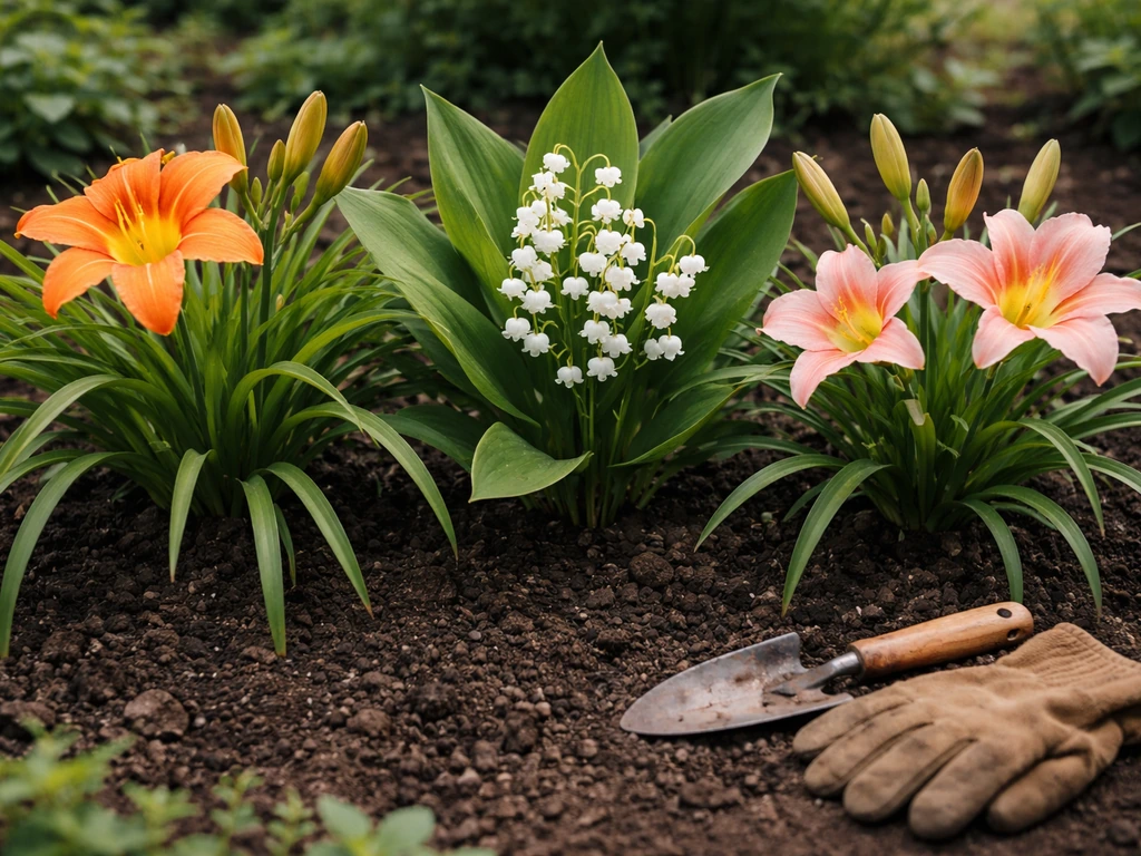 Close-up of three different garden flowers labeled “lilies” but visibly not true lilies, with gardening gloves nearby.
