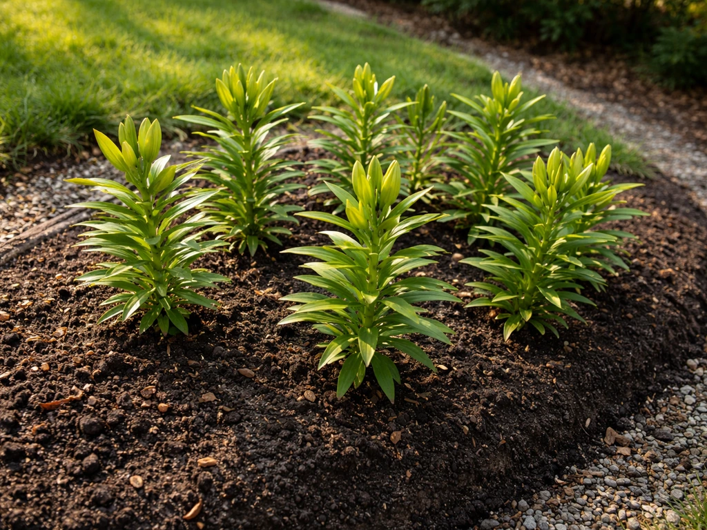Sunlit raised lily bed with damp soil surface and visible edge drainage to keep roots from staying wet.