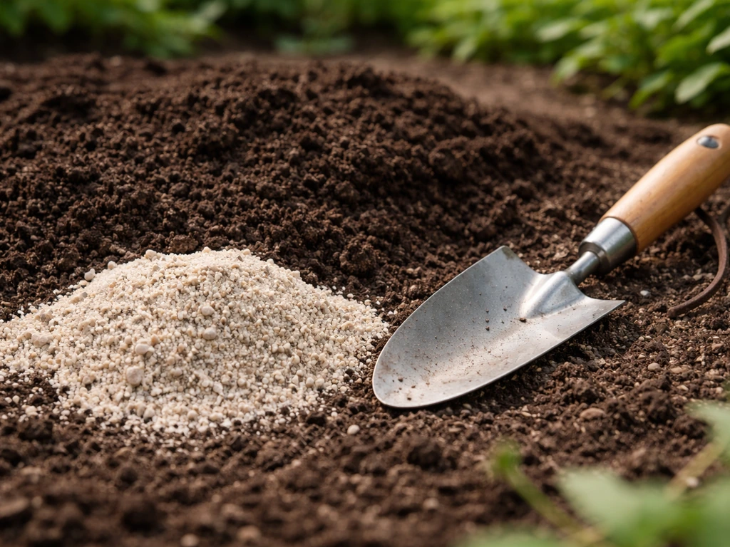 Close-up of garden soil in a small bed with a hand trowel, ready for lily bulbs in slightly acidic/neutral mix