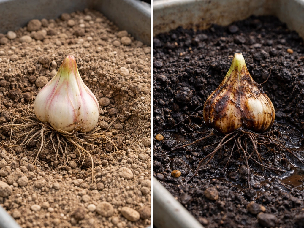 Close-up of healthy dry lily bulb soil versus soggy rot-prone soil with a rotting bulb in a tray.