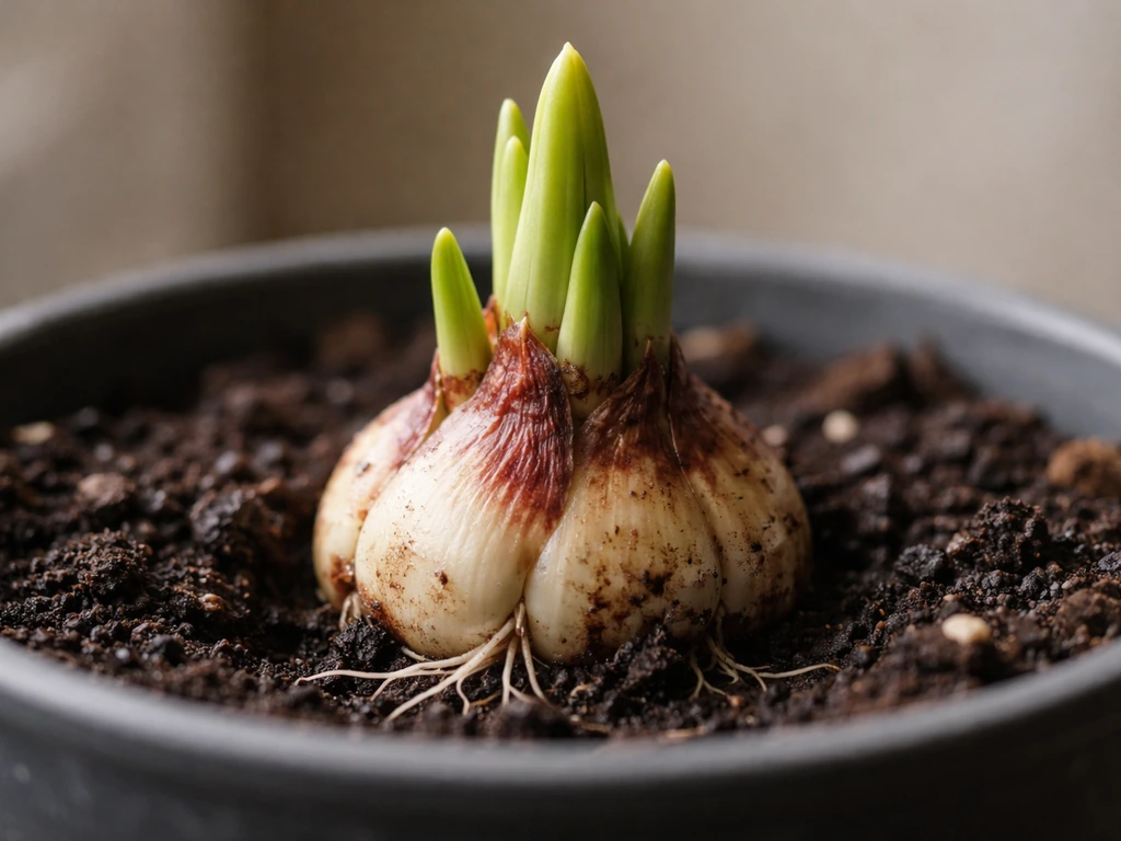 Macro view of a lily bulb with emerging shoots and young leaves growing from soil