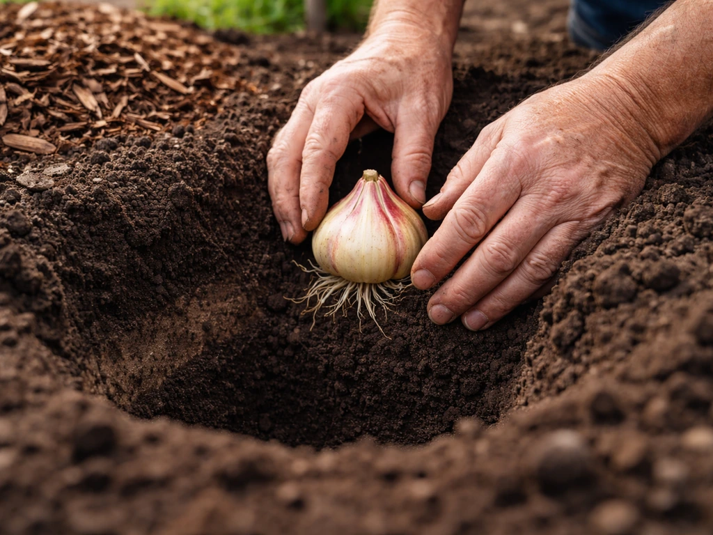 Close-up of hands planting a lily bulb deep in soil with mulch, showing planting depth clearly.