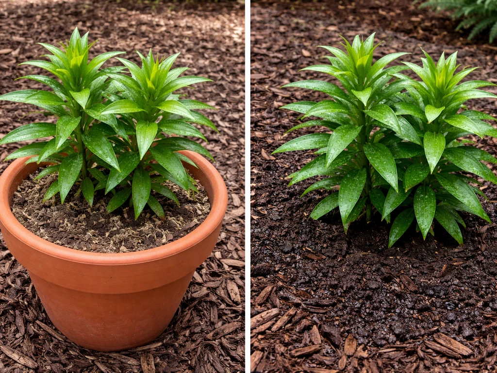 Two matching lily plantings: potted soil looks drier while an in-ground bed stays evenly moist.
