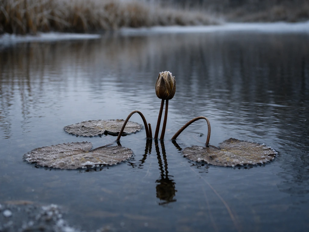 Dormant water lily on a winter pond with bare stems and old leaf stubs, no new leaves