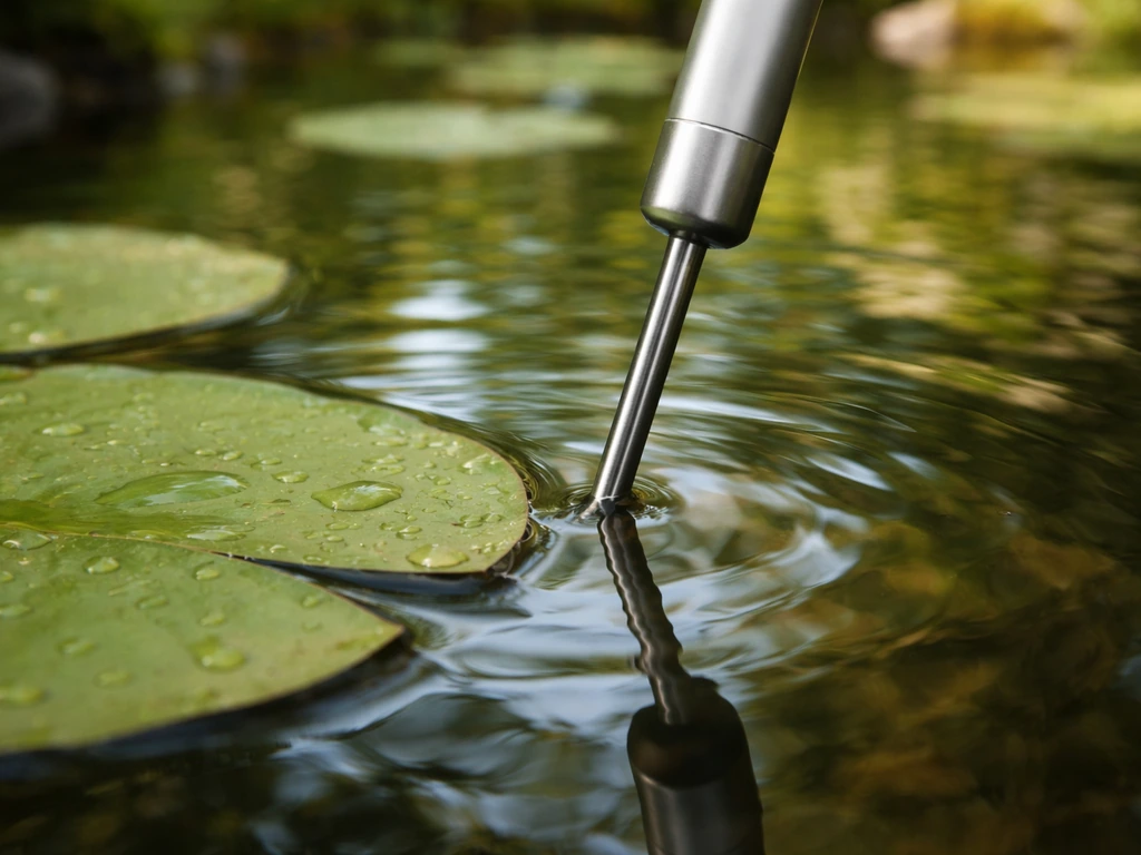 Close-up of a thermometer measuring pond water temperature beside lily pads in natural light.