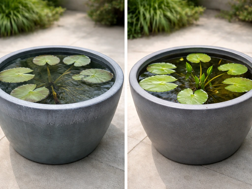 Two small outdoor pond containers showing a water lily with no new leaves in cool water versus new leaf growth in warm w