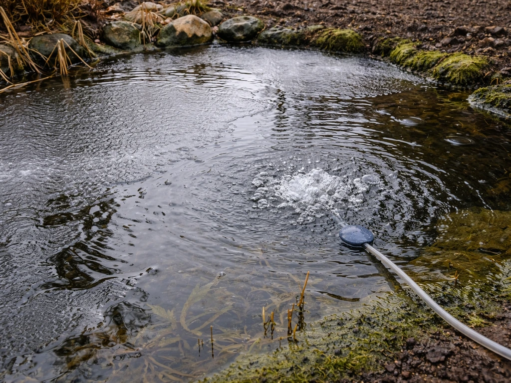 Small pond surface with thin ice and an air-stone creating bubbles near algae