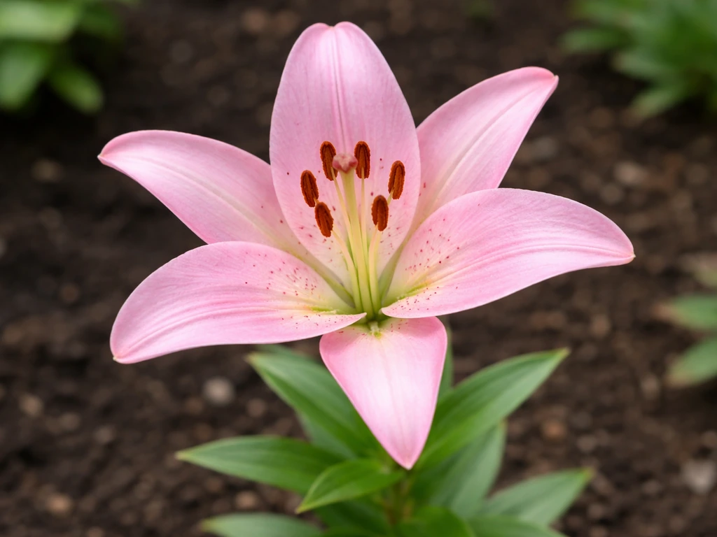 Close-up of a pink lily flower in real garden soil with visible petals and hints of bulbs