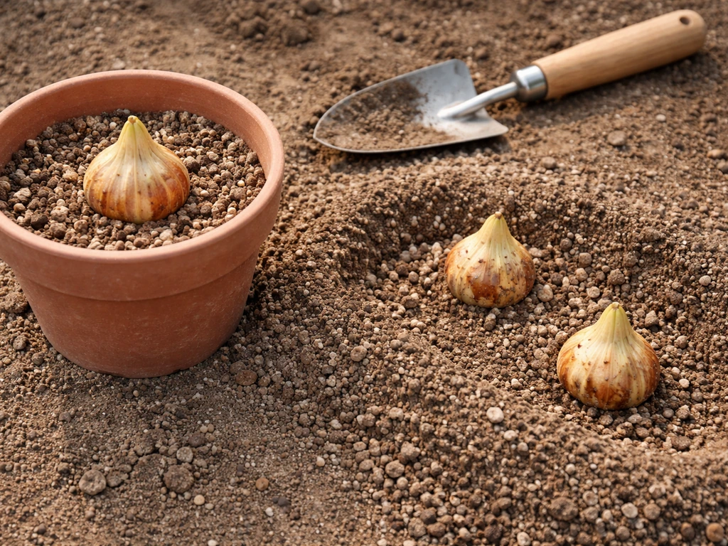 Close-up of lily bulb planting showing well-draining soil mound, spacing, and a pot vs ground drainage setup.