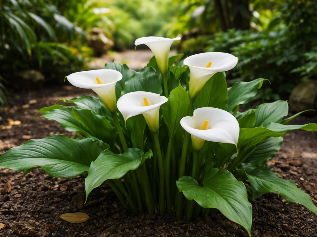 White calla lilies thriving in a lush tropical garden in the Philippines, with bright blooms and green leaves.