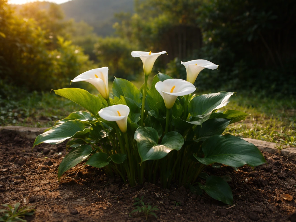 Calla lily plants in a garden bed with bright morning sun and afternoon cloud shade, Philippines.