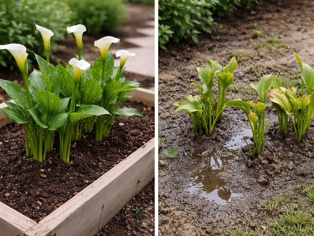 Split view of healthy calla lilies in a container vs struggling lilies in waterlogged in-ground soil.