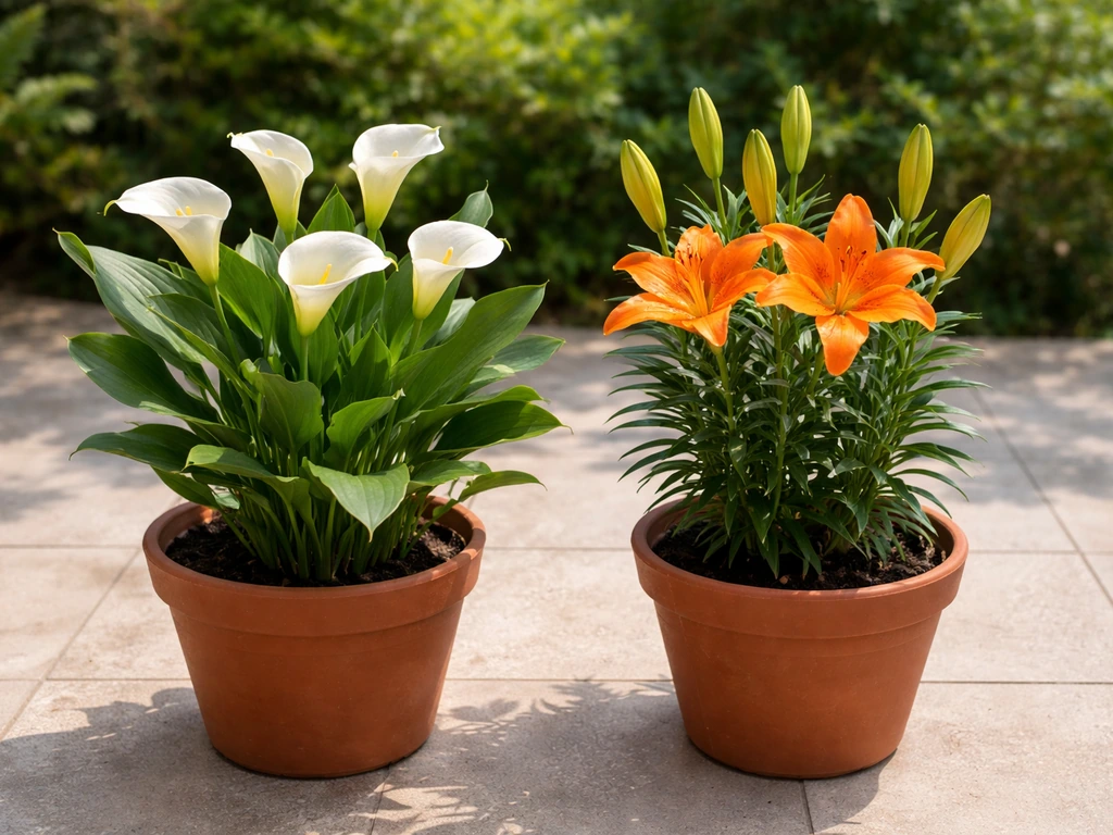 Calla lily and a true lily in pots on a sunlit patio, showing contrasting blooms and foliage for a PH garden choice.