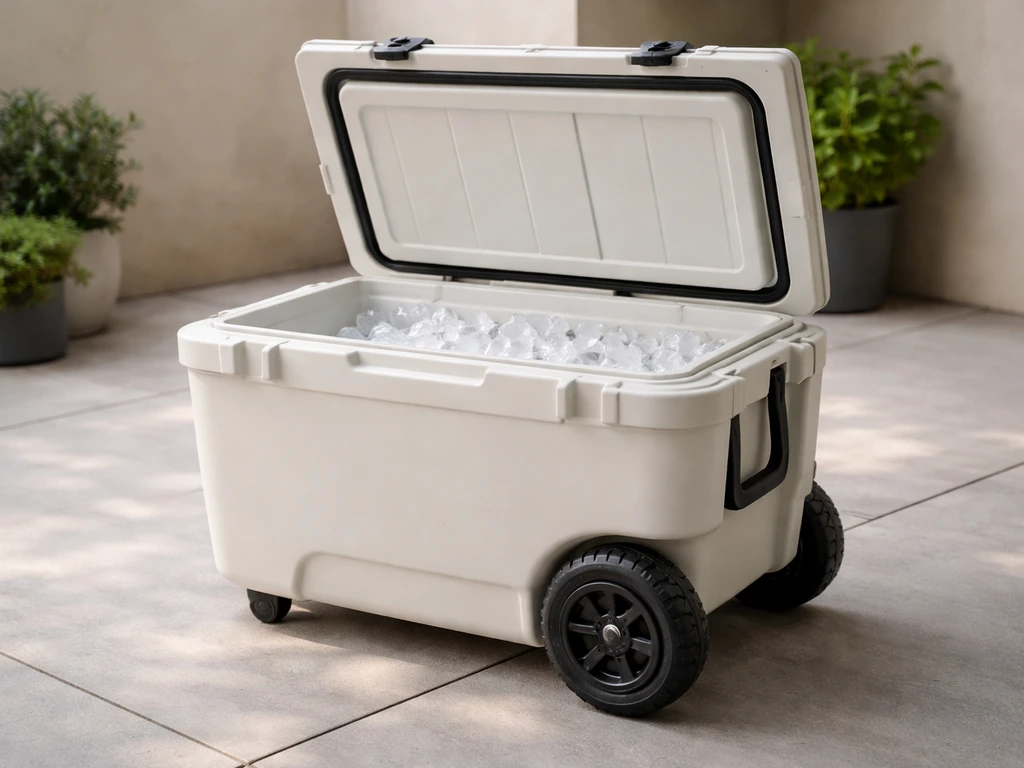 YETI Tundra Haul cooler cart on a patio with lid open, wheels visible, interior packed with ice.