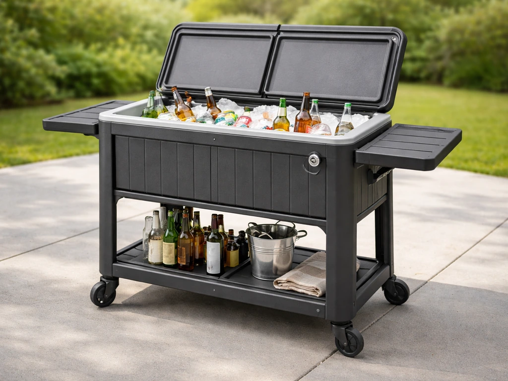 Keter patio cooler and beverage cart with fold-out sides open on a quiet outdoor patio.