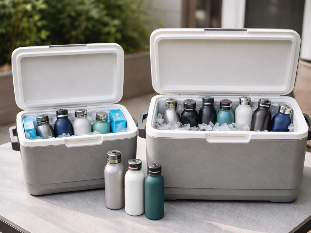 Two unbranded coolers side by side with different amounts of bottled drinks and ice.
