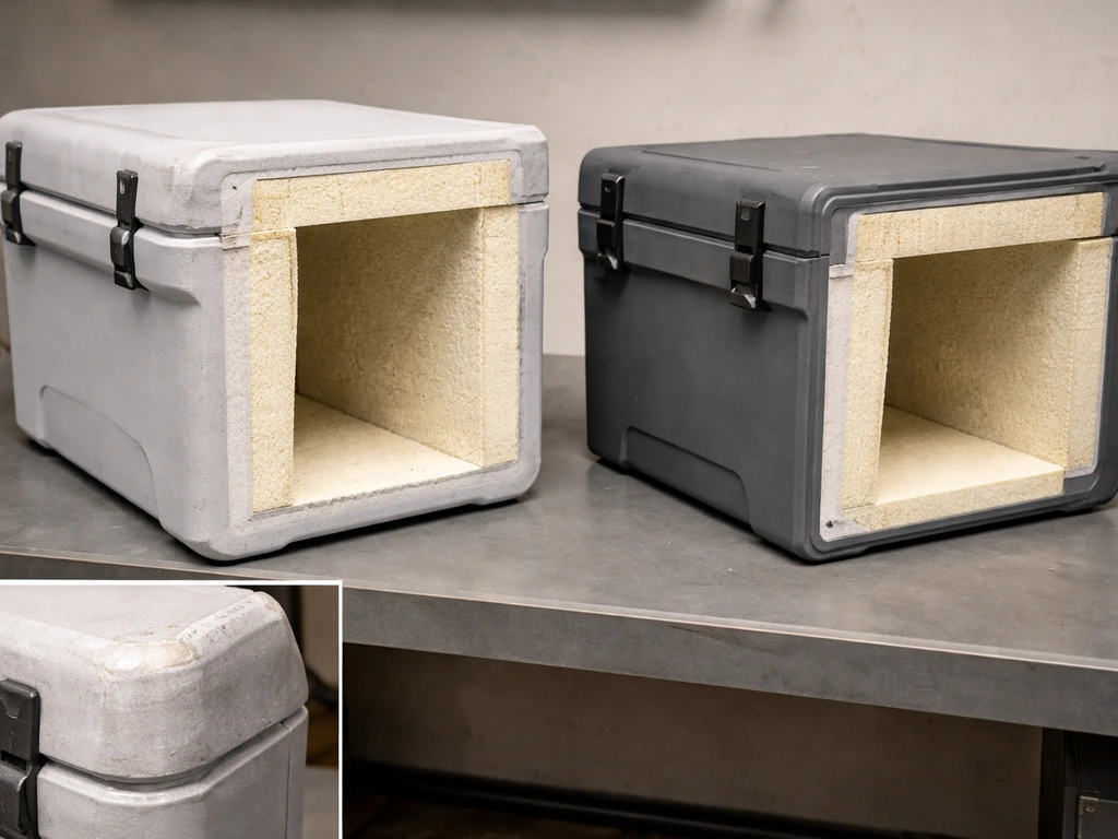 Side-by-side rotomolded vs hard-sided cooler insulation, showing uniform walls and a durable impact-resistant shell.