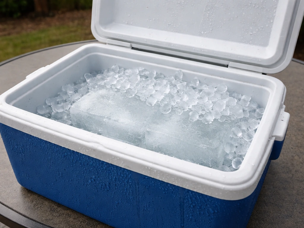 Pre-chilled cooler filled with block ice and cubed ice, showing layered ice for better retention.