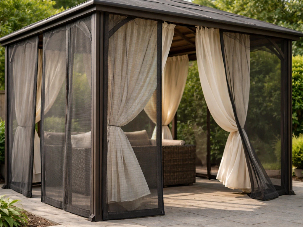 Gazebo with zipped insect mesh and privacy curtains partially closed, showing airflow and bug protection