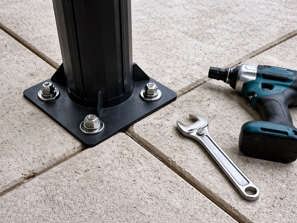 Concrete patio base with installed anchor bolts and lag bolts securing gazebo-style mounting hardware.