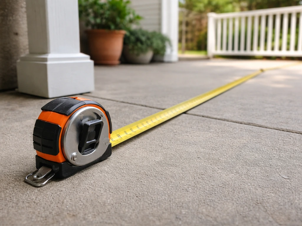 Tape measure laid across a patio to show clearance space for a hanging porch swing.