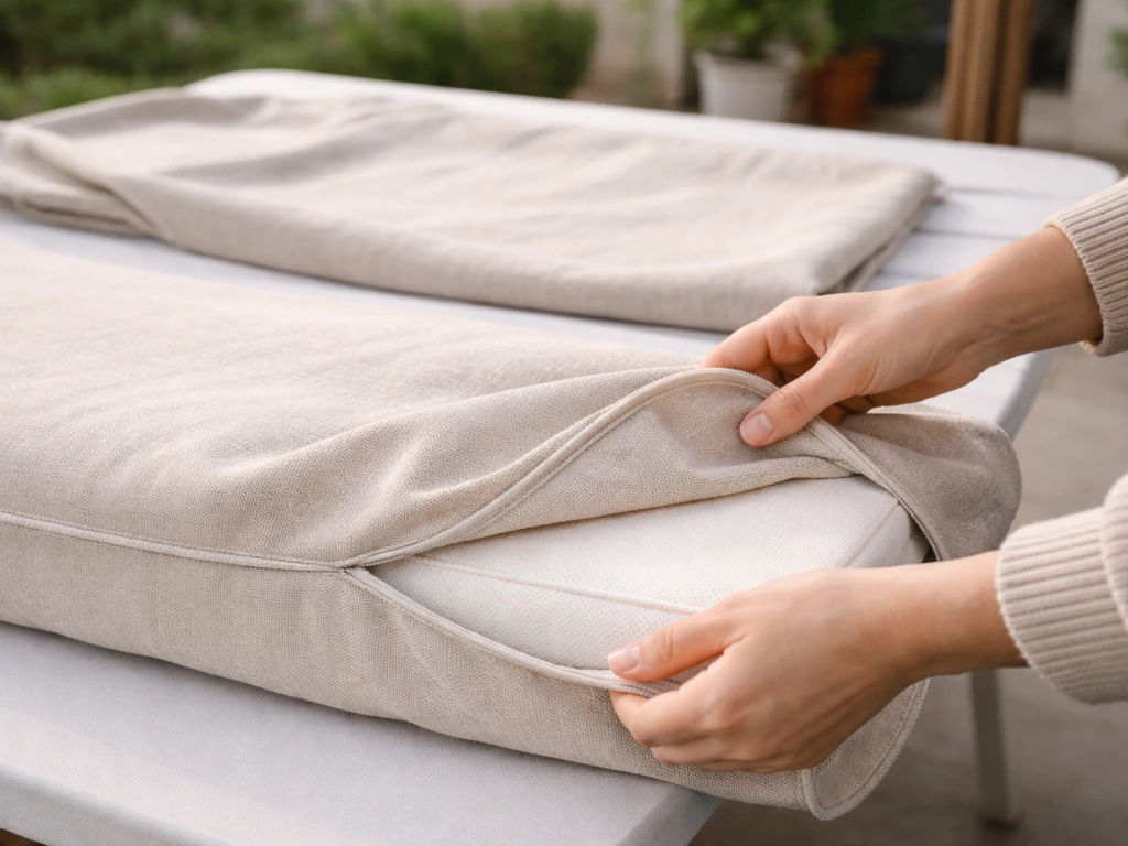 Person removing a polyester swing cushion cover, laid flat to dry in soft daylight