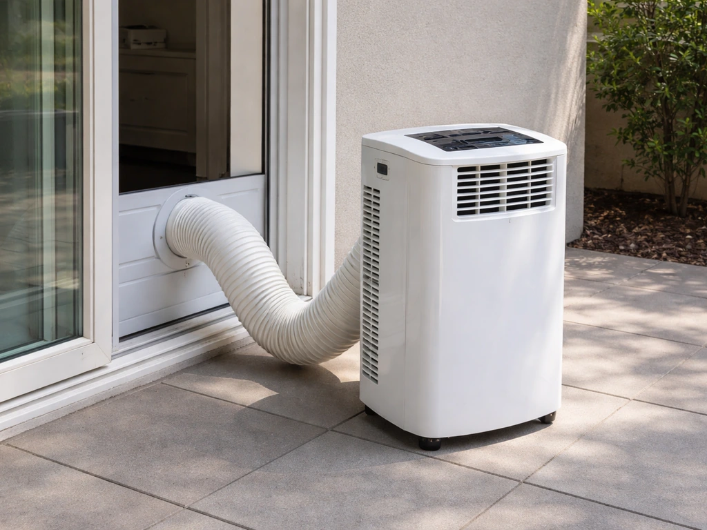 Portable AC on a patio with exhaust hose routed to show proper venting.