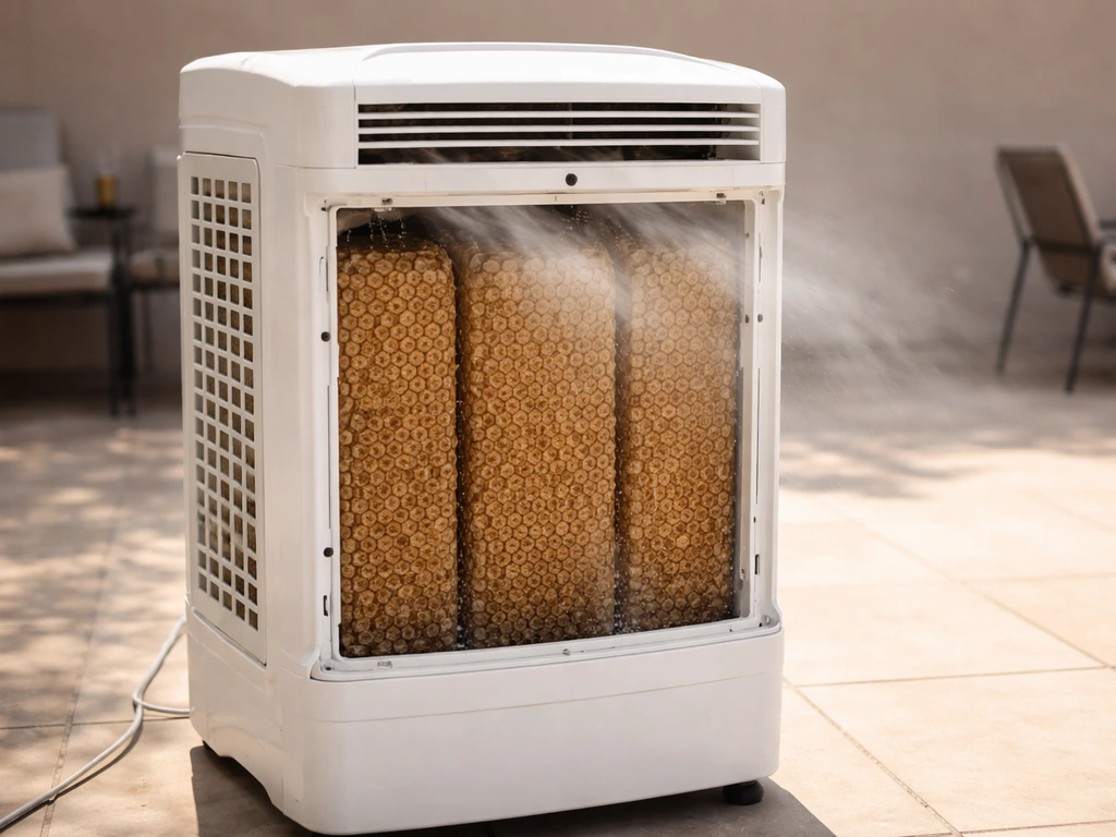 Outdoor patio evaporative cooler with visible water-soaked cooling pads and outward airflow.
